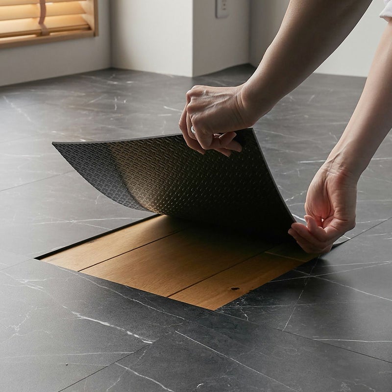 フロム  ブラックマーブル フロアタイルを敷く様子